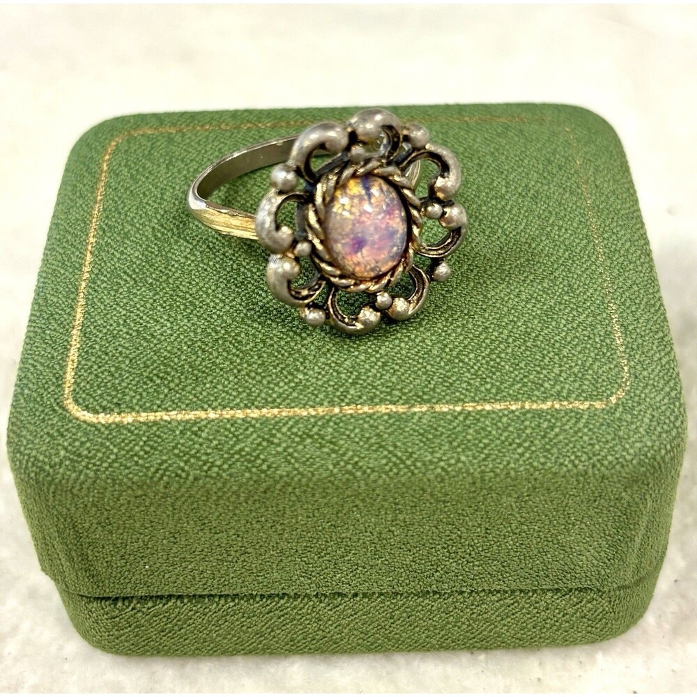 Vintage Sarah Coventry Faux Fire Opal Glass Ring Silver Tone Adjustable Signed